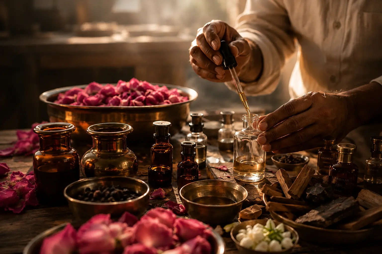 Perfumer filling a bottle with a glass dropper